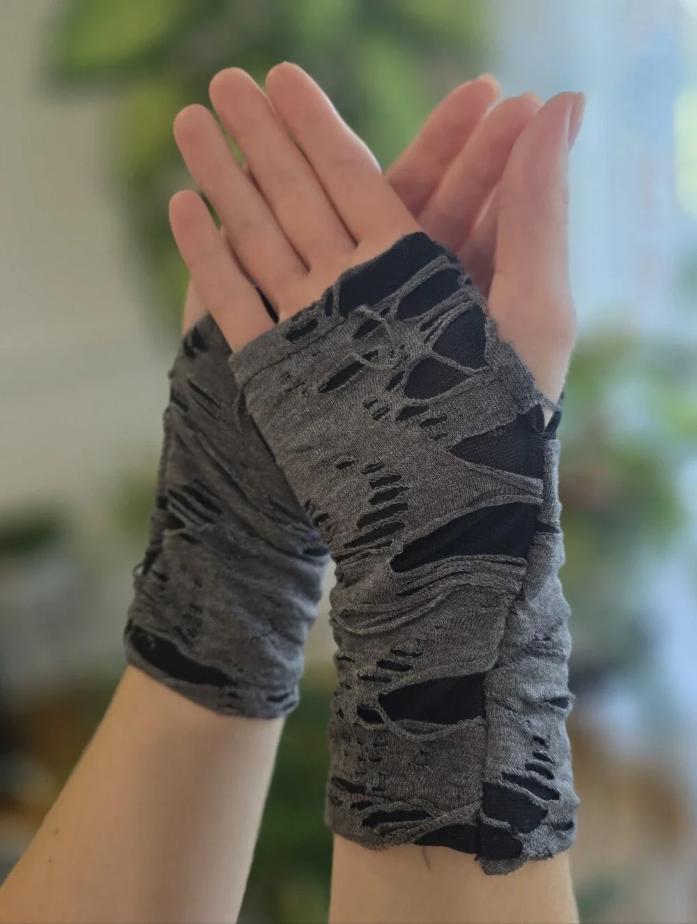 Gray Distressed Fingerless Arm Warmers Gloves Goth Grunge Punk
